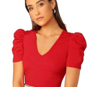 Red Puff Sleeve V-Neck Top